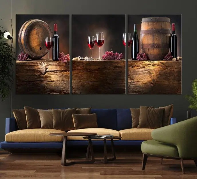 The dining room is enhanced by the "Wine and Barrels Wall Art Canvas Print," which depicts wine barrels, bottles, glasses, and grapes on museum-quality canvas, ensuring both longevity and style.