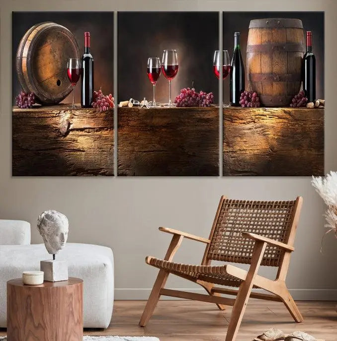 The dining room is enhanced by the "Wine and Barrels Wall Art Canvas Print," which depicts wine barrels, bottles, glasses, and grapes on museum-quality canvas, ensuring both longevity and style.