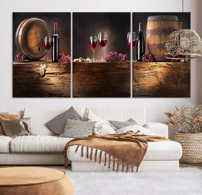 The dining room is enhanced by the "Wine and Barrels Wall Art Canvas Print," which depicts wine barrels, bottles, glasses, and grapes on museum-quality canvas, ensuring both longevity and style.