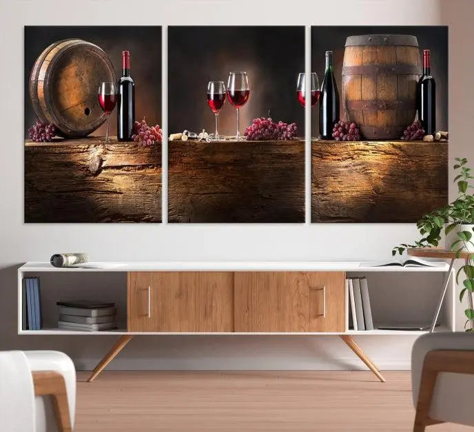 The dining room is enhanced by the "Wine and Barrels Wall Art Canvas Print," which depicts wine barrels, bottles, glasses, and grapes on museum-quality canvas, ensuring both longevity and style.