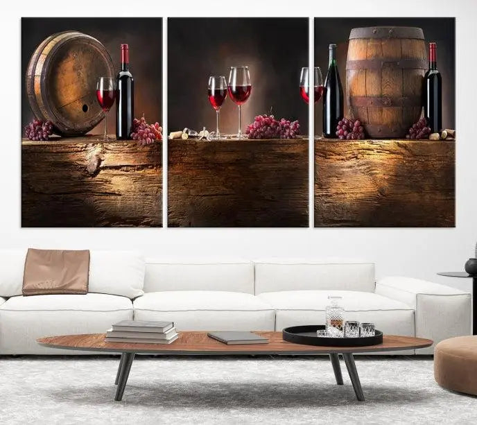 The dining room is enhanced by the "Wine and Barrels Wall Art Canvas Print," which depicts wine barrels, bottles, glasses, and grapes on museum-quality canvas, ensuring both longevity and style.