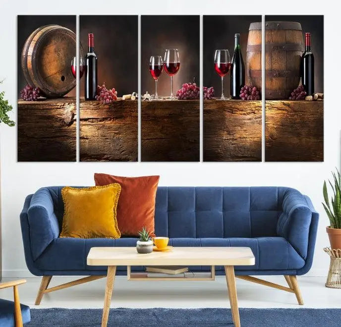 The dining room is enhanced by the "Wine and Barrels Wall Art Canvas Print," which depicts wine barrels, bottles, glasses, and grapes on museum-quality canvas, ensuring both longevity and style.