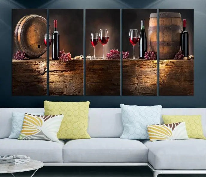 The dining room is enhanced by the "Wine and Barrels Wall Art Canvas Print," which depicts wine barrels, bottles, glasses, and grapes on museum-quality canvas, ensuring both longevity and style.