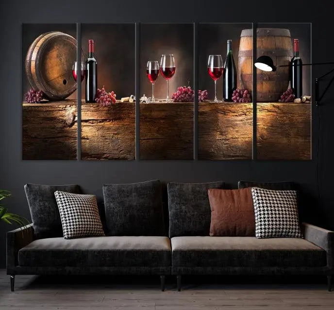 The dining room is enhanced by the "Wine and Barrels Wall Art Canvas Print," which depicts wine barrels, bottles, glasses, and grapes on museum-quality canvas, ensuring both longevity and style.