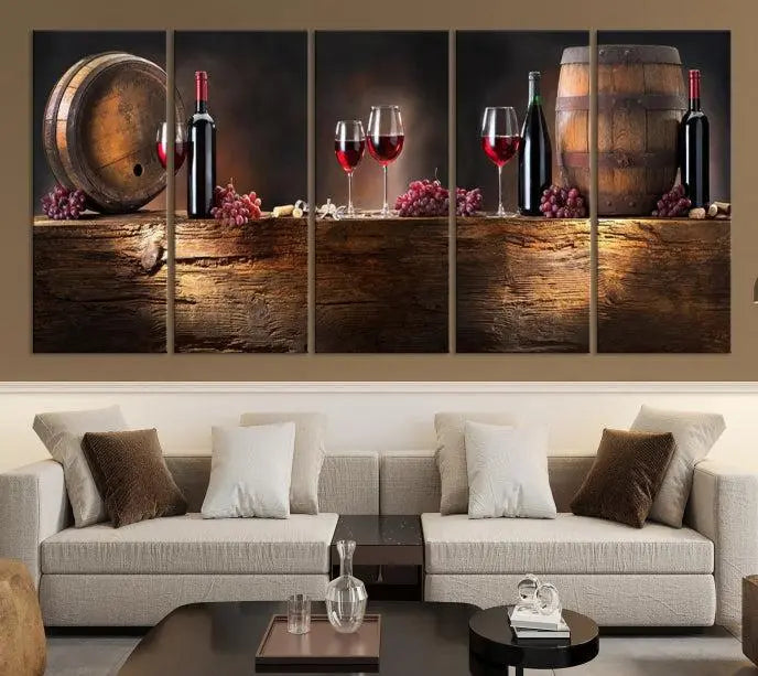 The dining room is enhanced by the "Wine and Barrels Wall Art Canvas Print," which depicts wine barrels, bottles, glasses, and grapes on museum-quality canvas, ensuring both longevity and style.