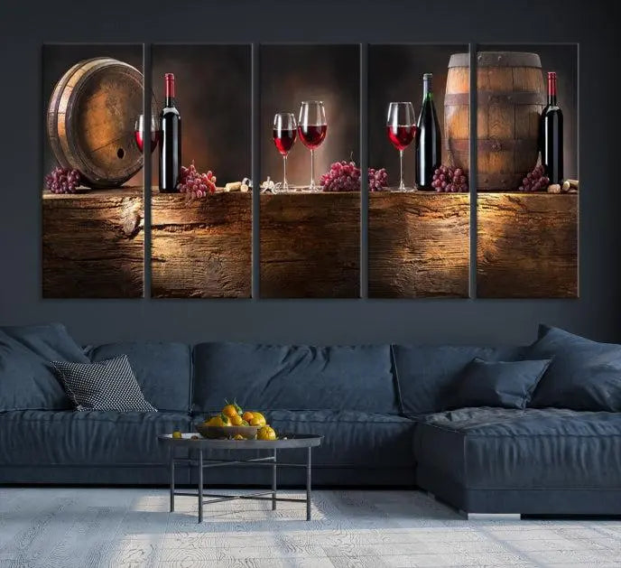 The dining room is enhanced by the "Wine and Barrels Wall Art Canvas Print," which depicts wine barrels, bottles, glasses, and grapes on museum-quality canvas, ensuring both longevity and style.