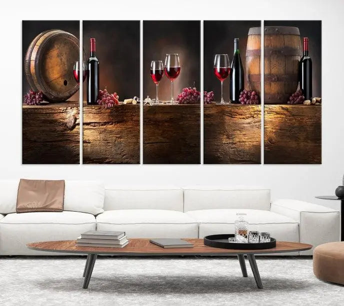 The dining room is enhanced by the "Wine and Barrels Wall Art Canvas Print," which depicts wine barrels, bottles, glasses, and grapes on museum-quality canvas, ensuring both longevity and style.