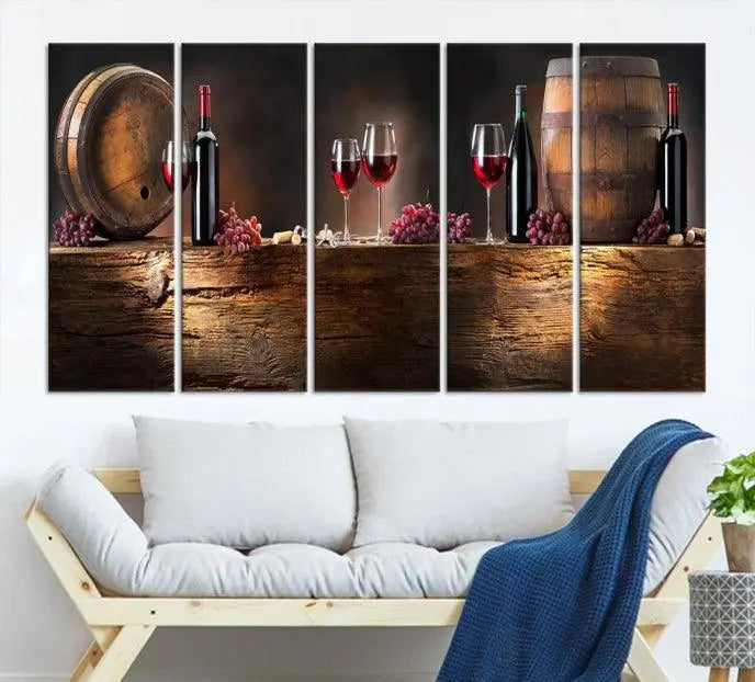 The dining room is enhanced by the "Wine and Barrels Wall Art Canvas Print," which depicts wine barrels, bottles, glasses, and grapes on museum-quality canvas, ensuring both longevity and style.