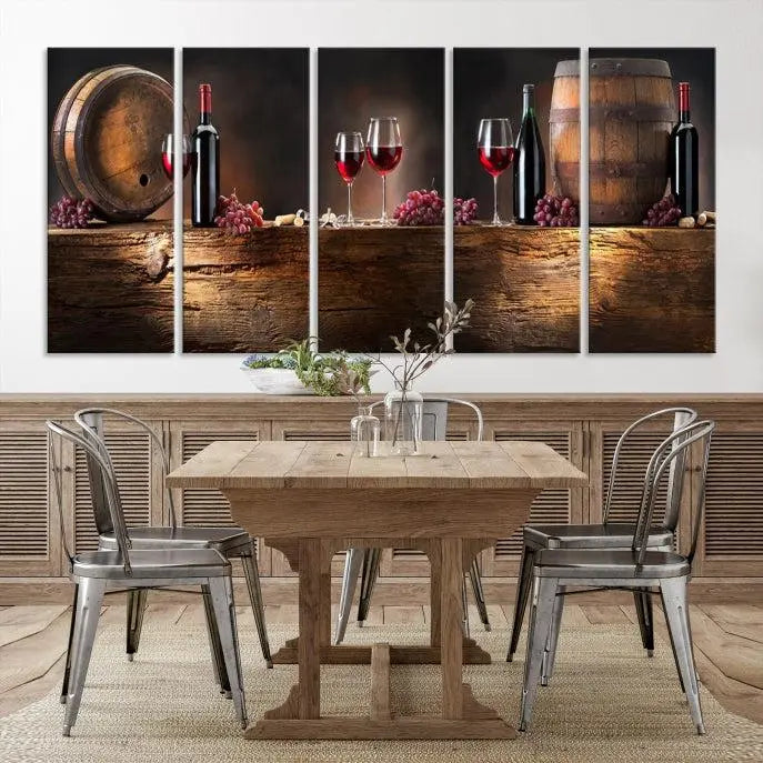 The dining room is enhanced by the "Wine and Barrels Wall Art Canvas Print," which depicts wine barrels, bottles, glasses, and grapes on museum-quality canvas, ensuring both longevity and style.