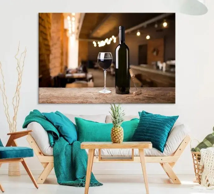 A museum-quality triptych Wall Art Canvas Print depicting a wine bottle and glass on a wooden table set against a cozy, blurred background, ready to hang.