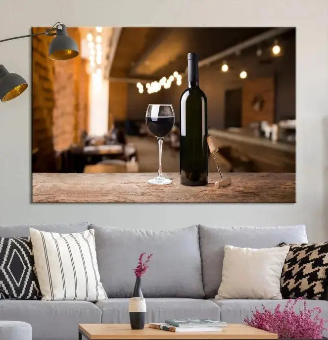 A museum-quality triptych Wall Art Canvas Print depicting a wine bottle and glass on a wooden table set against a cozy, blurred background, ready to hang.