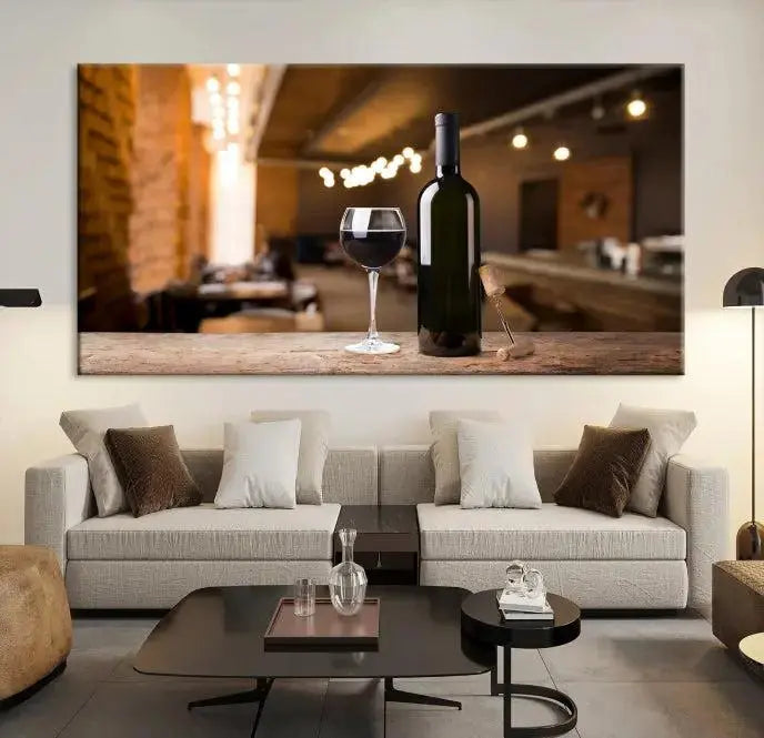 A museum-quality triptych Wall Art Canvas Print depicting a wine bottle and glass on a wooden table set against a cozy, blurred background, ready to hang.