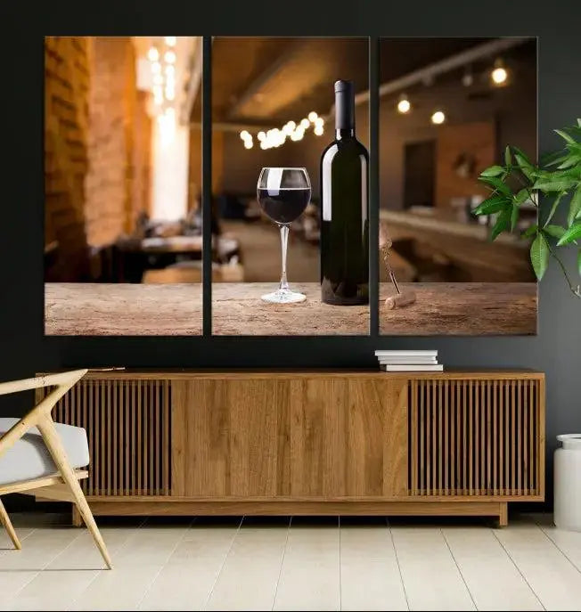 A museum-quality triptych Wall Art Canvas Print depicting a wine bottle and glass on a wooden table set against a cozy, blurred background, ready to hang.