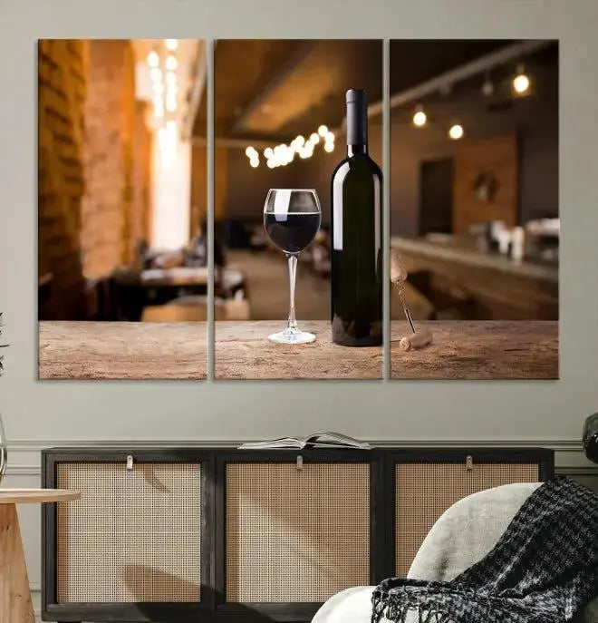 A museum-quality triptych Wall Art Canvas Print depicting a wine bottle and glass on a wooden table set against a cozy, blurred background, ready to hang.