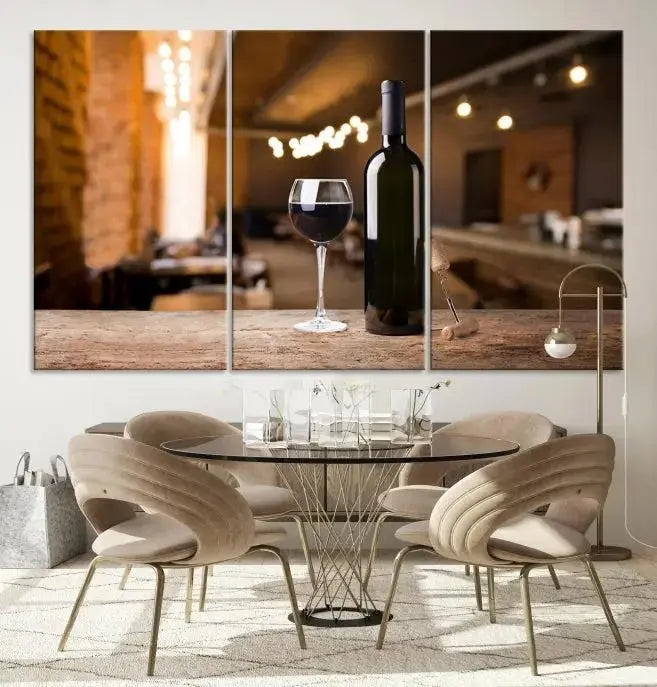 A museum-quality triptych Wall Art Canvas Print depicting a wine bottle and glass on a wooden table set against a cozy, blurred background, ready to hang.