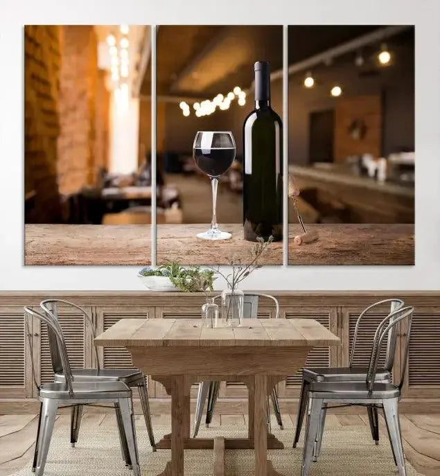 A museum-quality triptych Wall Art Canvas Print depicting a wine bottle and glass on a wooden table set against a cozy, blurred background, ready to hang.