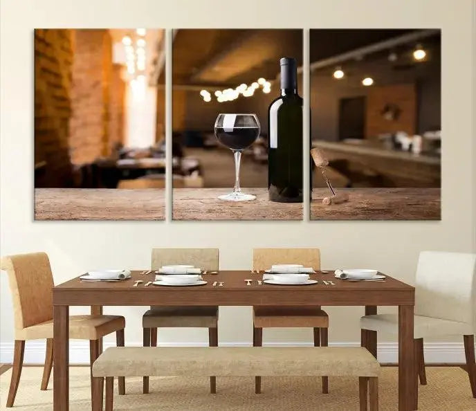 A museum-quality triptych Wall Art Canvas Print depicting a wine bottle and glass on a wooden table set against a cozy, blurred background, ready to hang.