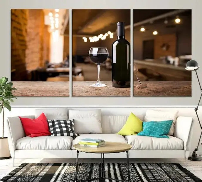 A museum-quality triptych Wall Art Canvas Print depicting a wine bottle and glass on a wooden table set against a cozy, blurred background, ready to hang.