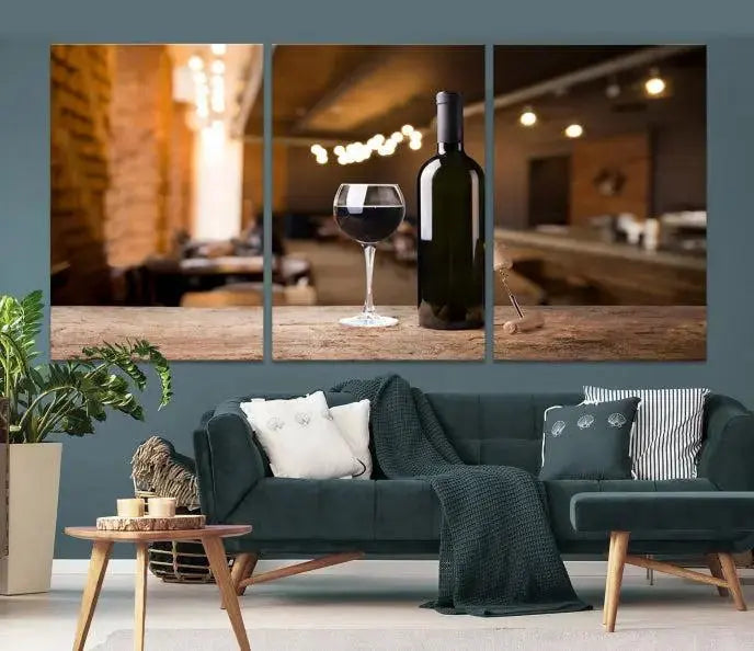 A museum-quality triptych Wall Art Canvas Print depicting a wine bottle and glass on a wooden table set against a cozy, blurred background, ready to hang.