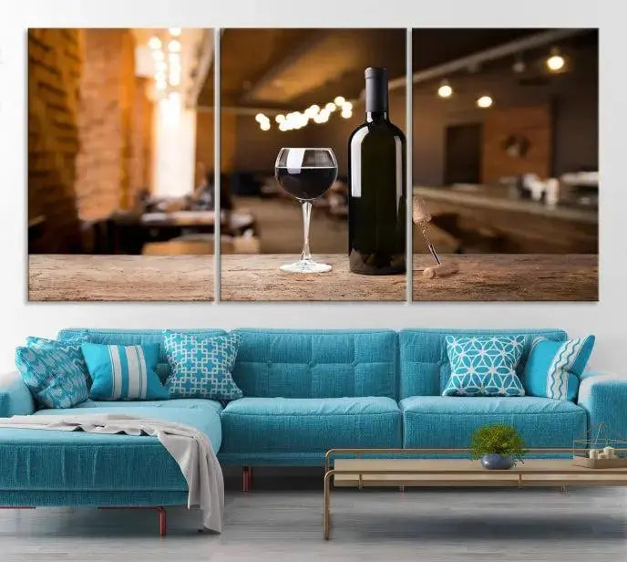 A museum-quality triptych Wall Art Canvas Print depicting a wine bottle and glass on a wooden table set against a cozy, blurred background, ready to hang.