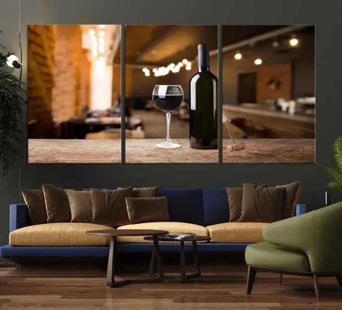 A museum-quality triptych Wall Art Canvas Print depicting a wine bottle and glass on a wooden table set against a cozy, blurred background, ready to hang.