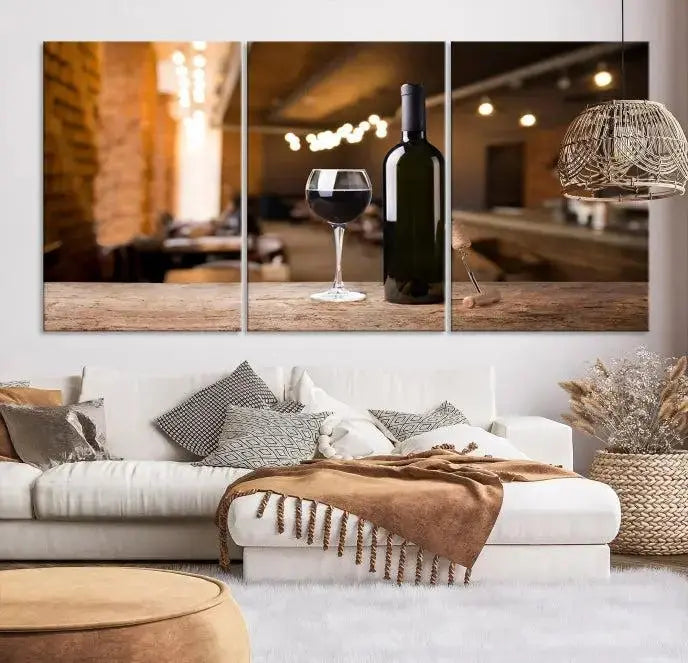 A museum-quality triptych Wall Art Canvas Print depicting a wine bottle and glass on a wooden table set against a cozy, blurred background, ready to hang.