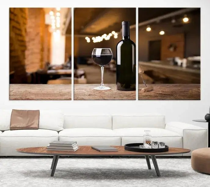 A museum-quality triptych Wall Art Canvas Print depicting a wine bottle and glass on a wooden table set against a cozy, blurred background, ready to hang.