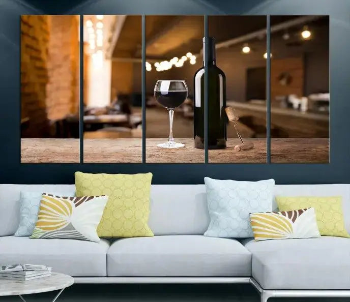 A museum-quality triptych Wall Art Canvas Print depicting a wine bottle and glass on a wooden table set against a cozy, blurred background, ready to hang.