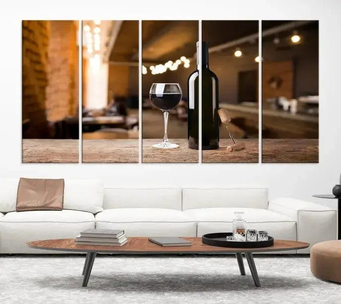 A museum-quality triptych Wall Art Canvas Print depicting a wine bottle and glass on a wooden table set against a cozy, blurred background, ready to hang.