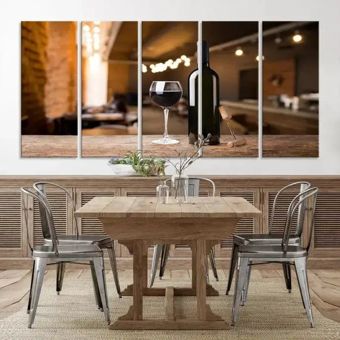 A museum-quality triptych Wall Art Canvas Print depicting a wine bottle and glass on a wooden table set against a cozy, blurred background, ready to hang.