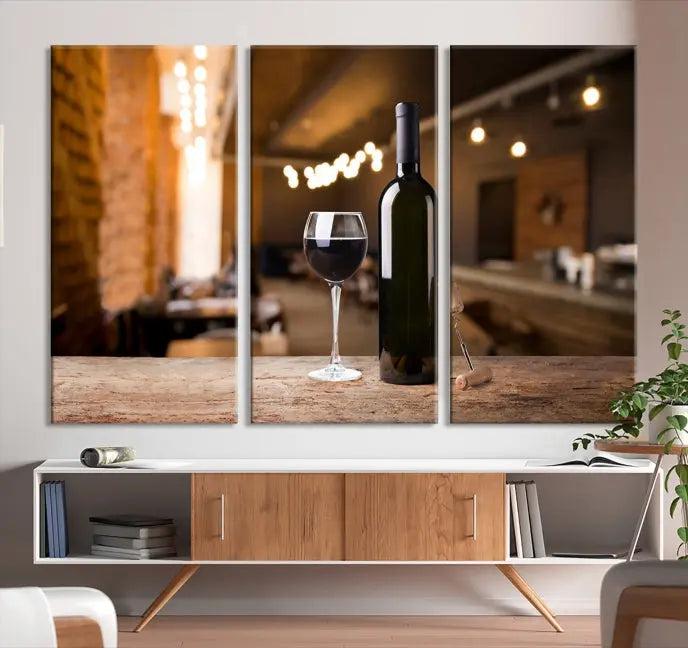 A museum-quality triptych Wall Art Canvas Print depicting a wine bottle and glass on a wooden table set against a cozy, blurred background, ready to hang.