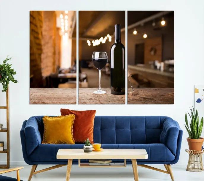 A museum-quality triptych Wall Art Canvas Print depicting a wine bottle and glass on a wooden table set against a cozy, blurred background, ready to hang.