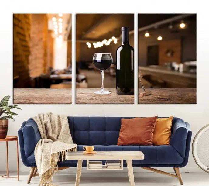 A museum-quality triptych Wall Art Canvas Print depicting a wine bottle and glass on a wooden table set against a cozy, blurred background, ready to hang.