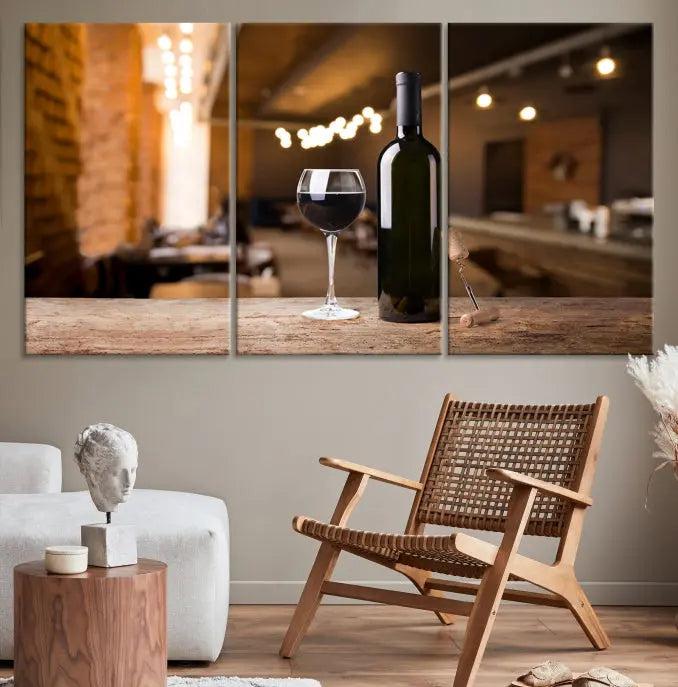 A museum-quality triptych Wall Art Canvas Print depicting a wine bottle and glass on a wooden table set against a cozy, blurred background, ready to hang.