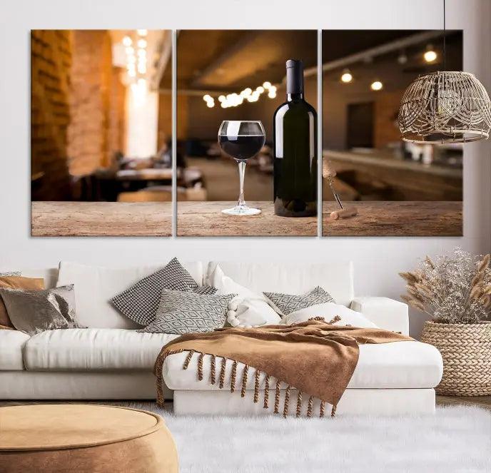 A museum-quality triptych Wall Art Canvas Print depicting a wine bottle and glass on a wooden table set against a cozy, blurred background, ready to hang.