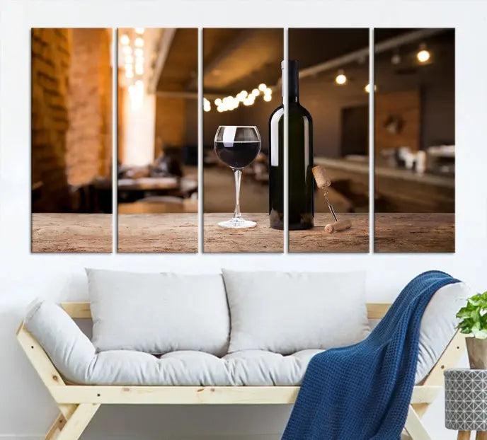 A museum-quality triptych Wall Art Canvas Print depicting a wine bottle and glass on a wooden table set against a cozy, blurred background, ready to hang.