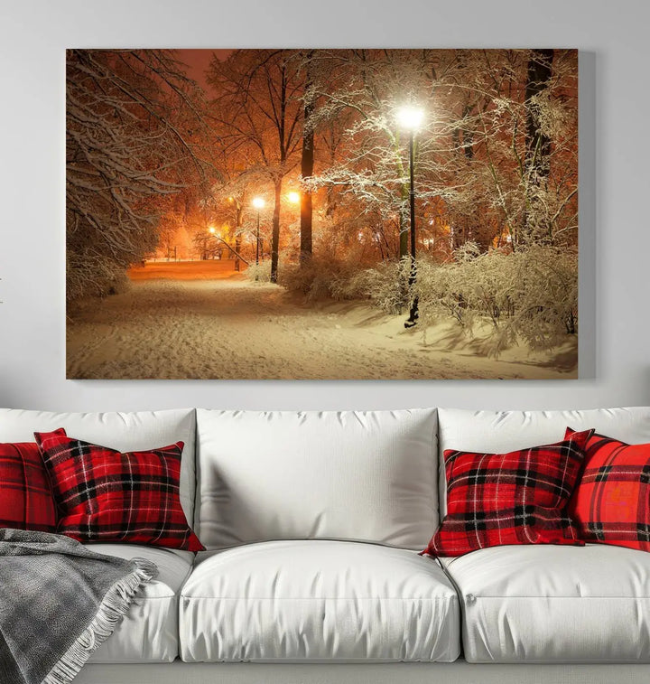 The "Winter and Park" wall art canvas print, showcasing a snowy path illuminated by glowing streetlights, adds museum-quality sophistication to the room.