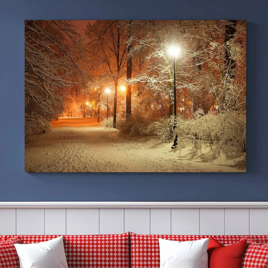 The "Winter and Park" wall art canvas print, showcasing a snowy path illuminated by glowing streetlights, adds museum-quality sophistication to the room.