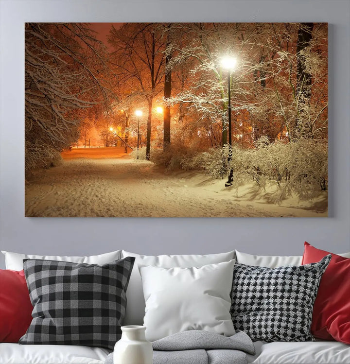 The "Winter and Park" wall art canvas print, showcasing a snowy path illuminated by glowing streetlights, adds museum-quality sophistication to the room.