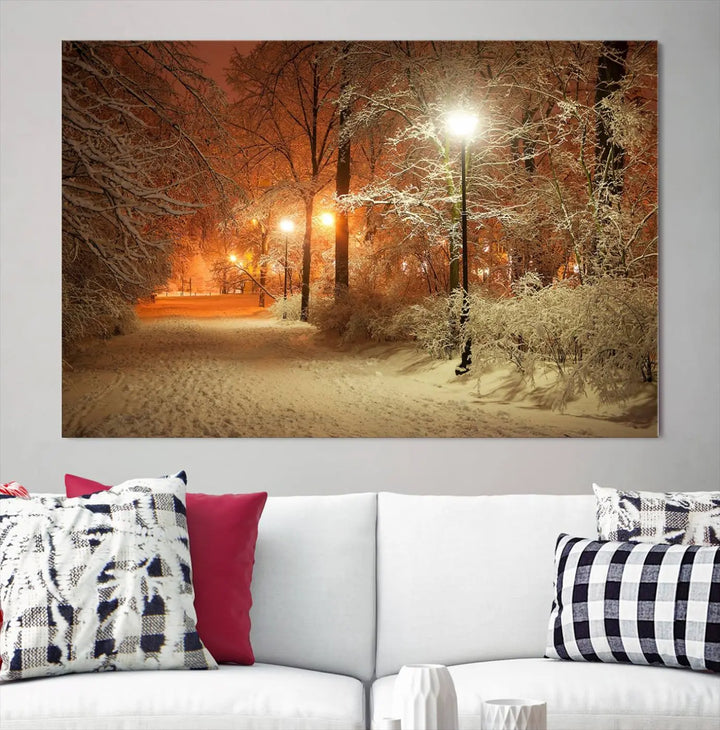 The "Winter and Park" wall art canvas print, showcasing a snowy path illuminated by glowing streetlights, adds museum-quality sophistication to the room.