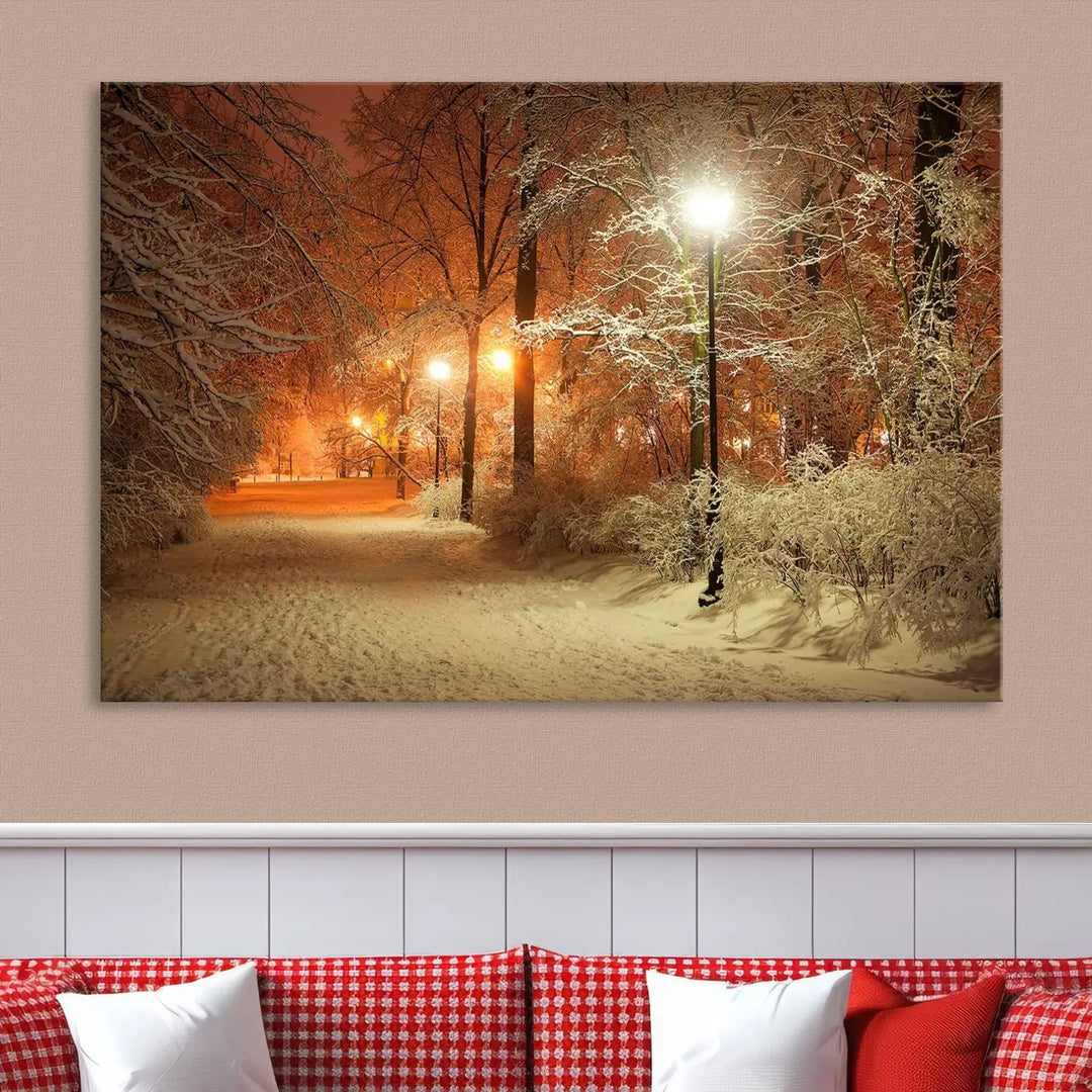 The "Winter and Park" wall art canvas print, showcasing a snowy path illuminated by glowing streetlights, adds museum-quality sophistication to the room.