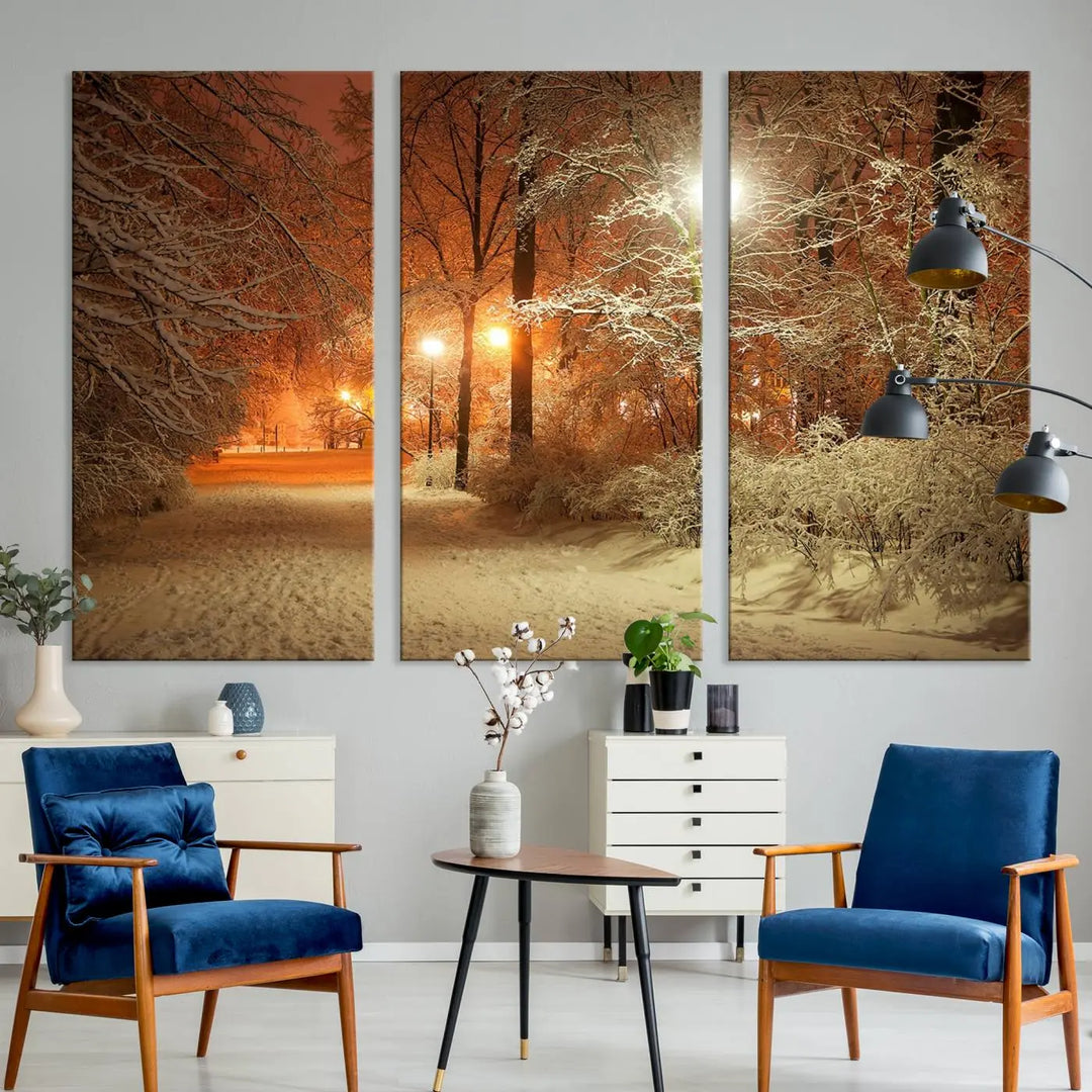 The "Winter and Park" wall art canvas print, showcasing a snowy path illuminated by glowing streetlights, adds museum-quality sophistication to the room.