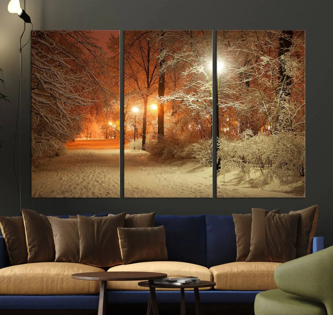 The "Winter and Park" wall art canvas print, showcasing a snowy path illuminated by glowing streetlights, adds museum-quality sophistication to the room.