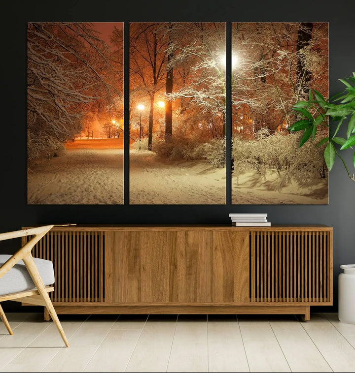 The "Winter and Park" wall art canvas print, showcasing a snowy path illuminated by glowing streetlights, adds museum-quality sophistication to the room.