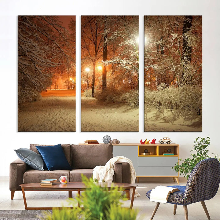 The "Winter and Park" wall art canvas print, showcasing a snowy path illuminated by glowing streetlights, adds museum-quality sophistication to the room.