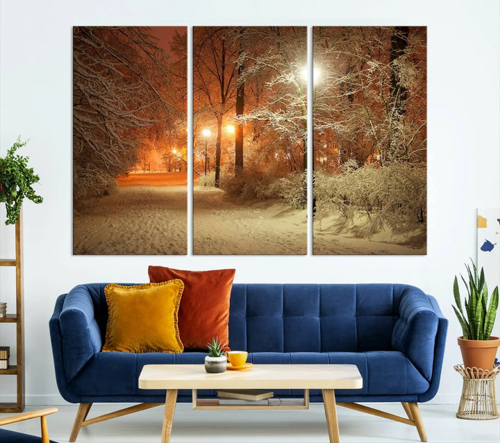 The "Winter and Park" wall art canvas print, showcasing a snowy path illuminated by glowing streetlights, adds museum-quality sophistication to the room.