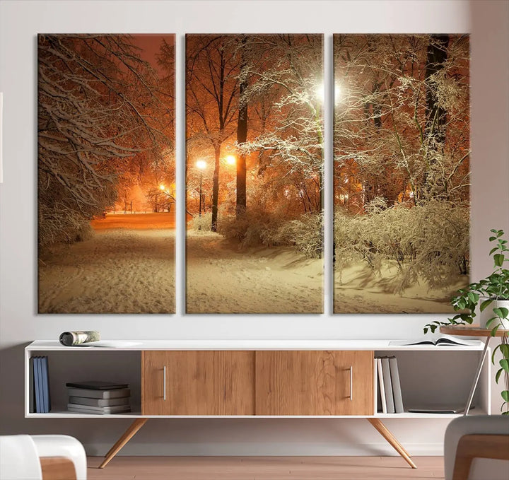 The "Winter and Park" wall art canvas print, showcasing a snowy path illuminated by glowing streetlights, adds museum-quality sophistication to the room.