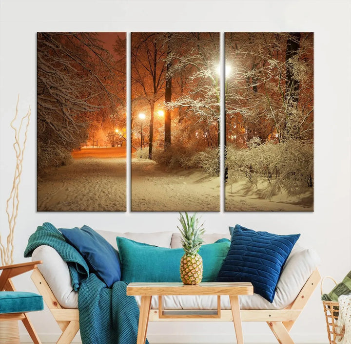 The "Winter and Park" wall art canvas print, showcasing a snowy path illuminated by glowing streetlights, adds museum-quality sophistication to the room.