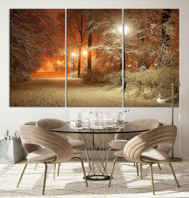 The "Winter and Park" wall art canvas print, showcasing a snowy path illuminated by glowing streetlights, adds museum-quality sophistication to the room.