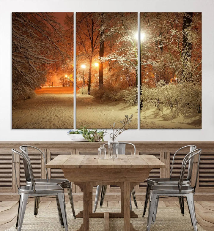 The "Winter and Park" wall art canvas print, showcasing a snowy path illuminated by glowing streetlights, adds museum-quality sophistication to the room.